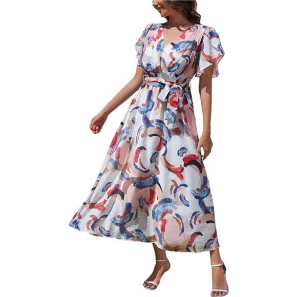 Women Wrap V Neck Boho Floral A Line Flowy Casual Short Sleeve Belted - Picture 1 of 5